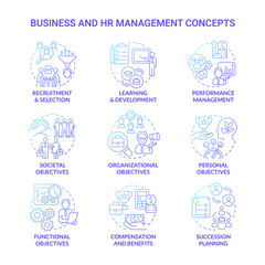 HR and business management blue gradient concept icons set. Human resource idea thin line color illustrations. Isolated outline drawings. Editable stroke. Roboto-Medium, Myriad Pro-Bold fonts used