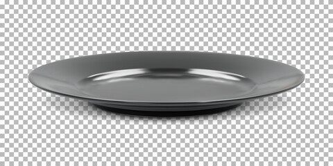 Black round empty plate side view with transparent shadow