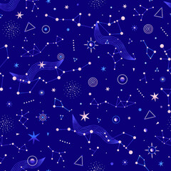 Wall Mural - Space seamless patterns of planets, stars, other celestial bodies. Vector illustration on theme of astrology, astronomy. Cosmic background. Night sky. Wallpaper, wrapping paper, textile