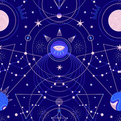 Wall Mural - Mysterious space seamless patterns of planets, stars, other celestial bodies. Vector illustration on theme of astrology, astronomy, esotericism. Cosmic background. Wallpaper, wrapping paper, textile