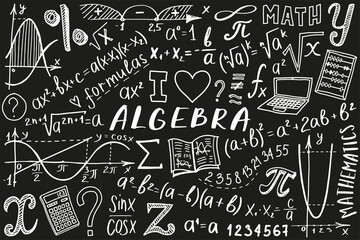 Wall Mural - Algebra or mathematics subject doodle design. Maths symbols icon set. Education and study cover template. Back to school sketchy background for notebook, not pad, sketchbook. Hand drawn illustration.