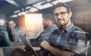 Carving his own career path. Multiple exposure shot of businesspeople in an office superimposed on a cityscape.