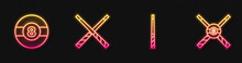 Set Line Billiard Cue, Ball, Crossed Billiard Cues And And. Glowing Neon Icon. Vector