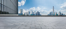 Panoramic Skyline And Modern Commercial Office Buildings With Empty Road At Shenzhen, China. Empty Square Floors And Cityscape.
