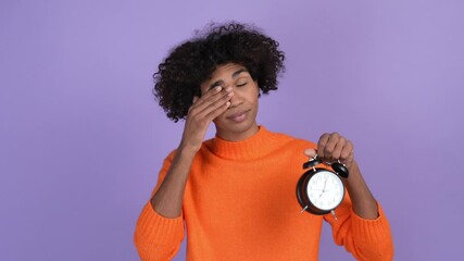 Sticker - Tired guy yawn had insomnia hold alarm isolated shine color background