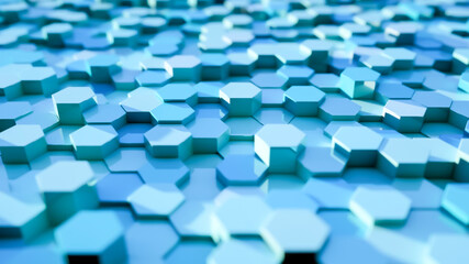 Poster - Blue hexagon modules waving. Abstract technology, data and engineering background. Perspective and depth of field settings. 3D rendering