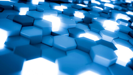 Poster - Blue and luminescent hexagon modules waving. Abstract technology, data and engineering background. Perspective and depth of field settings. 3D rendering