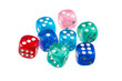 © Yevhenii - Multicolored playing dice isolated on white background.