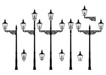 Vintage Street Lamp Silhouettes. Set Of Retro Gas Streetlight. Flat Vector.