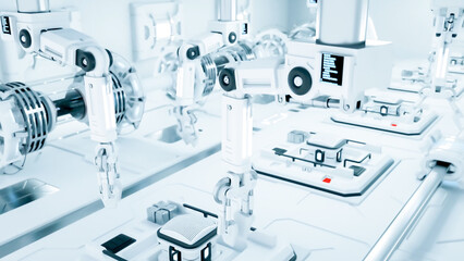 Poster - White mechanical robotic arms working in a sterile white environment, like a factory or a high-tech laboratory. 3D rendering