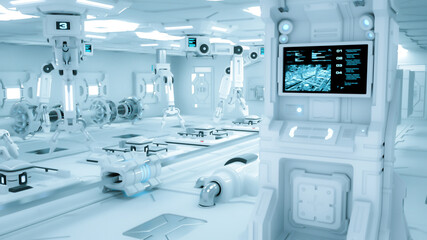 Sticker - White mechanical robotic arms working in a sterile white environment, like a factory or a high-tech laboratory. 3D rendering