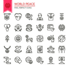 Set Of Black And White Thin Line World Peace Icons