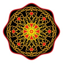 Isolated Circular Gold Pattern With Hearts. Black And Red Decorative Element Of The Ornament. Khokhloma. Bright Colorful Print.