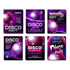 Disco music party poster background set Dance night. Abstract disco music club flyer. Event template. Dj retro party light. Neon banner. Show card. Fashion concert. Pink realistic vector illustration