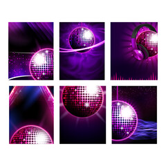 Canvas Print - Disco music party poster background set Dance night. Abstract disco music club flyer. Event template. Dj retro party light. Neon banner. Show card. Fashion concert. Pink realistic vector illustration