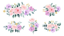 Pink Purple Flower Arrangement Collection With Watercolor