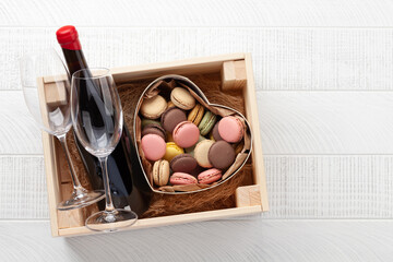 Wall Mural - Valentines day macaroons gift and red wine