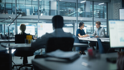 Aufkleber - Diverse Team of Managers Working and Having Discussions in Modern Big City Office. Colleagues Work on New Business Opportunities, CEO Having Meeting with Employee, Talking About Investing in Future.