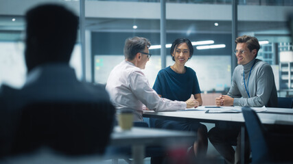 Aufkleber - Diverse Team of Managers Working and Having Discussions in Modern Big City Office. Colleagues Work on New Business Opportunities, Management Board Having a Meeting, Talking About Investing in Future.