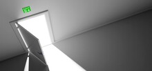 Emergency Exit Door Ajar. Extreme Angle. Light Outside And Dark Inside. (3D Generated)