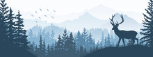 Horizontal Banner. Silhouette Of Deer Standing On Grass Hill. Mountains And Forest In The Background. Magical Misty Landscape, Trees, Animal. Blue Illustration, Bookmark. 