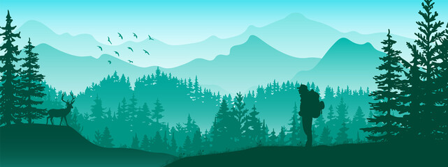 Horizontal banner. Silhouette of tourist with backpack stands on meadow in forrest, watch deer. Mountains and trees in background. Magical misty landscape, fog. Blue, green illustration. Bookmark.