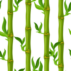  Seamless pattern with green bamboo stems and leaves. Decorative exotic plants of tropic jungle.