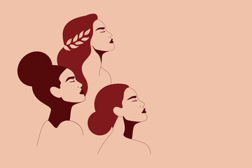 Three women stand together. Silhouettes of Strong and brave girls look forward. Sisterhood and females friendship. Vector illustration for International Women's Day. Space for text on the right side