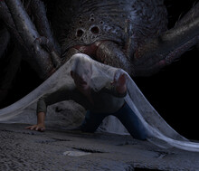 Illustration Of A Man Trapped In A Web And Reaching Forward With A Giant Spider Looming Behind Him
