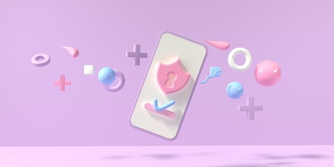 Poster - Cyber security theme with a smartphone and geometric shapes - 3D render