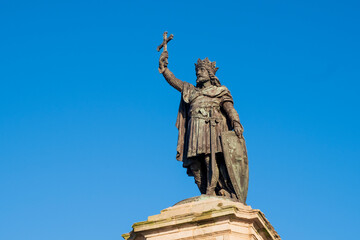 Monument to Don Pelayo in Gijón, Asturias, Spain. The sculpture represents the founder of the Kingdom of Asturias and considered the initiator of the Reconquest.