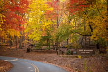 Autumn View Of The Road Entrance And Welcom Sign To Pilot Mountain State Park In Pinnacle, NC.