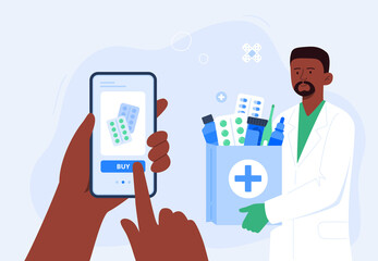 An African-American pharmacist with medical purchases. Online pharmacy, prescription medicines order. Vector flat illustration.