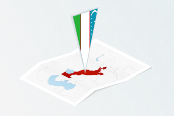 Wall Mural - Isometric paper map of Uzbekistan with triangular flag of Uzbekistan in isometric style. Map on topographic background.