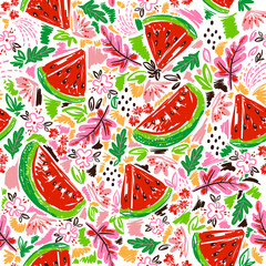 Wall Mural - Trendy and colourful of Summer Watermelon ,floral and leaves brushed strokes style, seamless pattern vector ,Design for fashion , fabric, textile, wallpaper, cover, web , wrapping and all prints