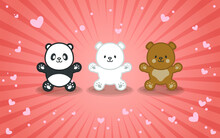 Illustration Of A Cute Set Of Pandas, Polar Bears And Brown Bears With Love Effects Backgrounds.