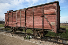 A Vintage Railroad Boxcar Used To Transport Prisoners To The Auschwitz Concentration Camp In Poland During World War II.