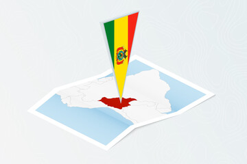 Wall Mural - Isometric paper map of Bolivia with triangular flag of Bolivia in isometric style. Map on topographic background.