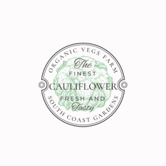 Wall Mural - cauliflower frame badge or logo template. hand drawn vegetable sketch with retro typography and bord