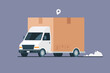 Delivery truck with a cardboard box. Moving service. Transportation business. Vector illustration in flat style.