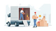 Vector illustration of moving service. Two movers loading cardboard boxes into the truck. House relocation.