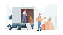 Vector Illustration Of Moving Service. Two Movers Loading Cardboard Boxes Into The Truck. House Relocation.
