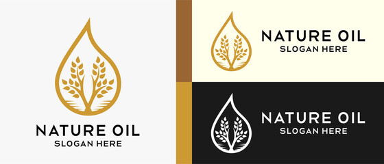 Wall Mural - natural oil logo design template with creative and luxury tree concept in oil or water drops. premium logo illustration vector