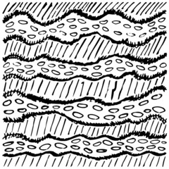 Wall Mural - Simple abstract pattern with lines, ellipses and waves. Hand-drawn black and white vector sketch isolated on transparent background