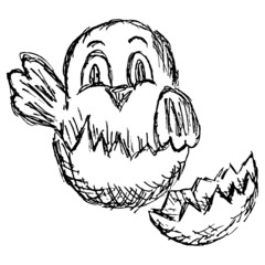 Wall Mural - Chick hatched from an egg. Hand-drawn black and white vector sketch isolated on transparent background