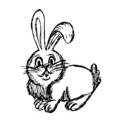 Wall Mural - Cute cartoon rabbit stands on four legs. Hand-drawn black and white vector sketch isolated on transparent background