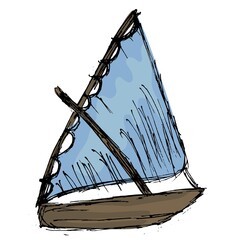 Wall Mural - Wooden sailboat with blue sails. Hand-drawn color vector illustration isolated on transparent background