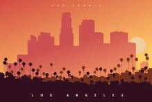 Downtown Los Angeles Skyline At Sunset, California, USA. A Poster Style Creative Vector Illustration