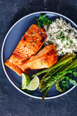 Poster - fried salmon fish fillet with rice and asparagus