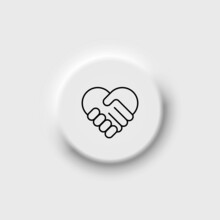 Handshake Symbol Forming A Love Heart Black Icon. Neomorphism Button. Charity, Help Concept. Flat Isolated Outline Symbol, Sign For: Illustration, Logo, App, Design, Web, Dev, Ux, Gui. Vector EPS 10